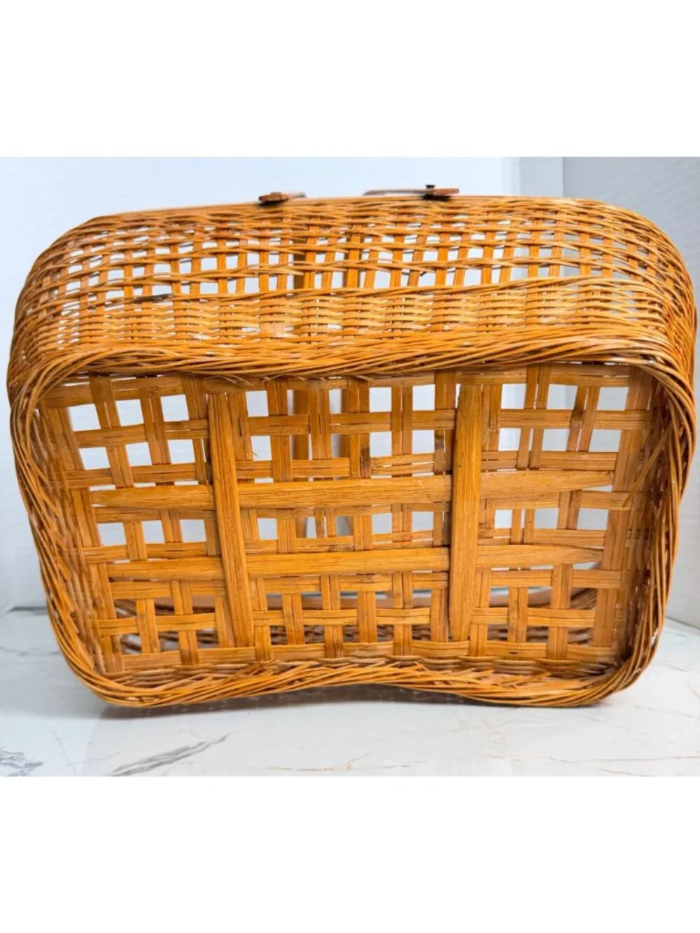 Vintage Wicker Picnic Basket Woven Gathering Market Basket Dual Handles Boho